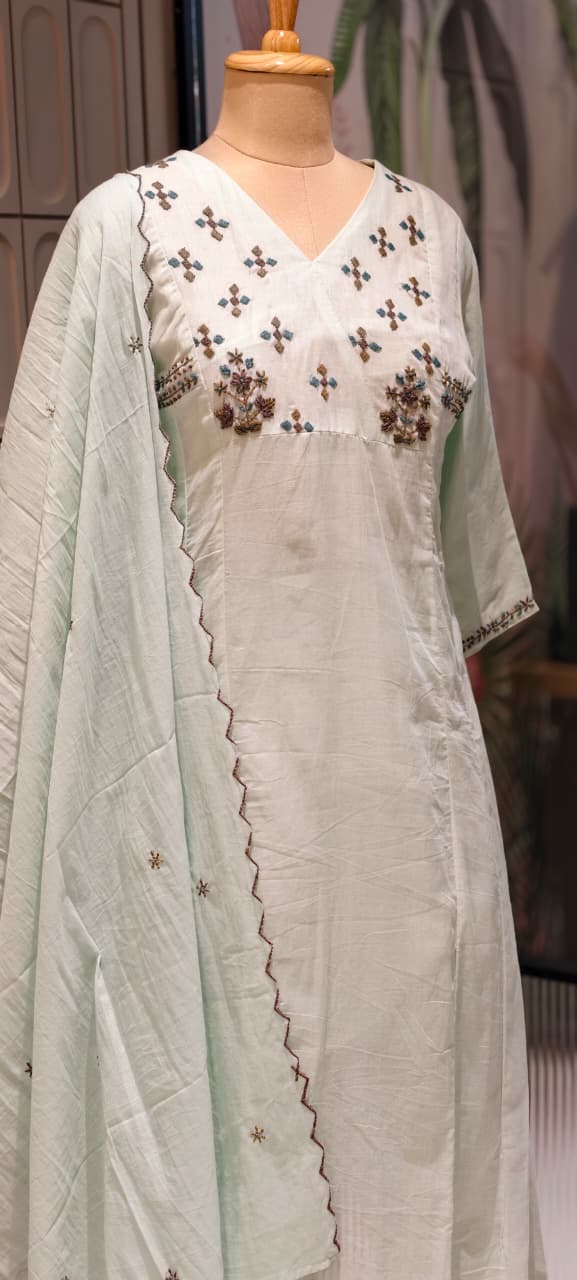 Premium Mul Cotton Delicate Embroidered A-Line Full Suit Set with Dupatta- 14893