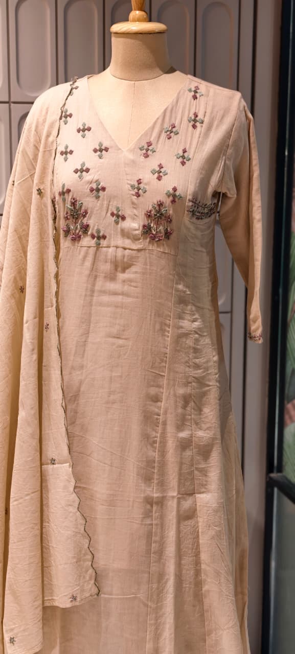 Premium Mul Cotton Delicate Embroidered A-Line Full Suit Set with Dupatta- 14893