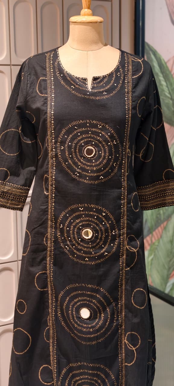 Rounded Print With Real Mirror Touch A-Line Cotton Full Suit Set With Dupatta- 14919