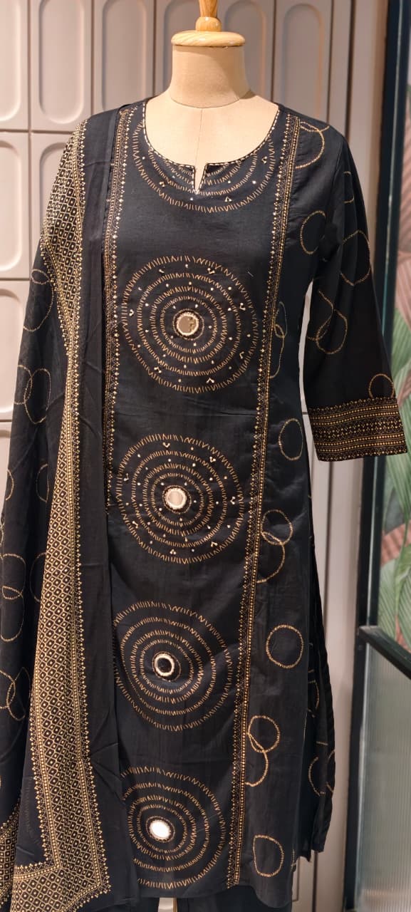 Rounded Print With Real Mirror Touch A-Line Cotton Full Suit Set With Dupatta- 14919
