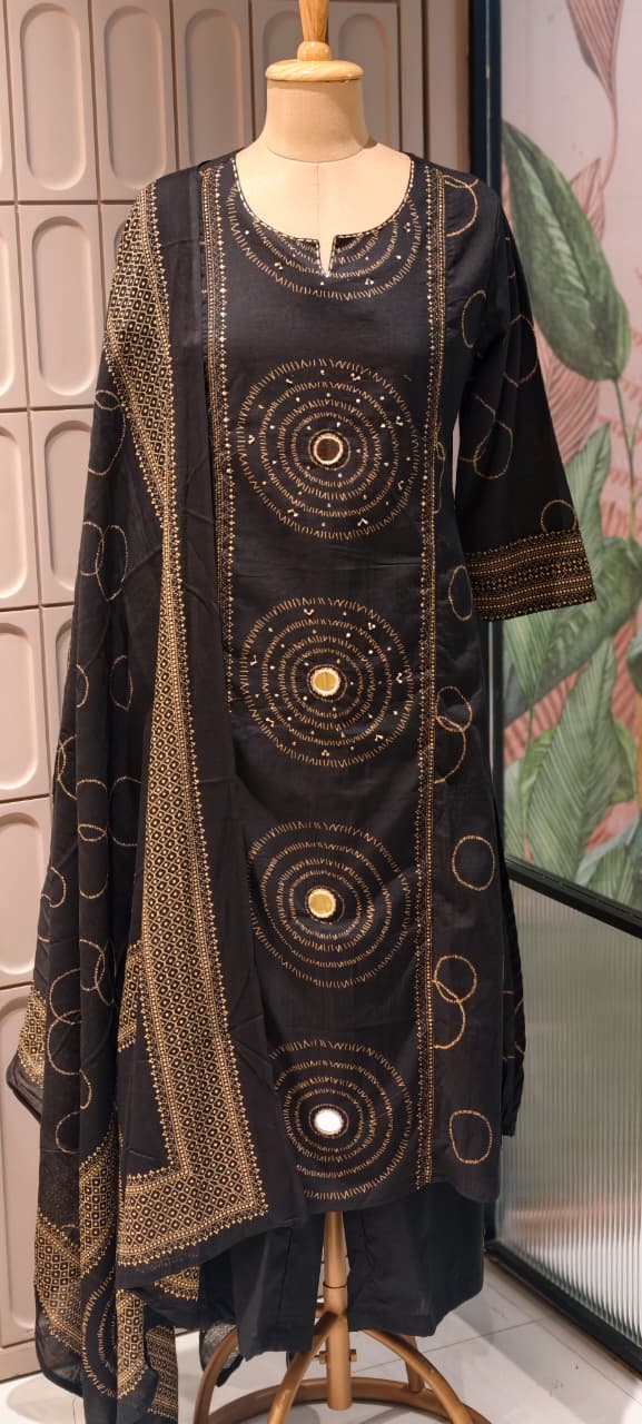 Rounded Print With Real Mirror Touch A-Line Cotton Full Suit Set With Dupatta- 14919