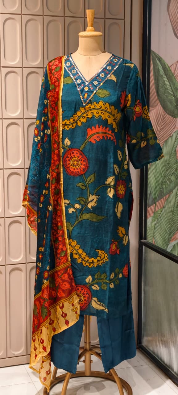 Foil Neckline Ajrakh Floral Print Muslin Full Suit Set With Dupatta- 14896
