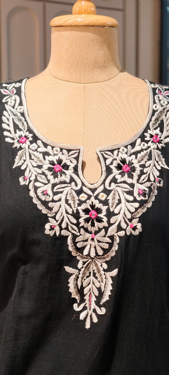 Fine Floral Embroidery Yoke With Striped Accent Cotton Full Suit Set With Dupatta- 14598