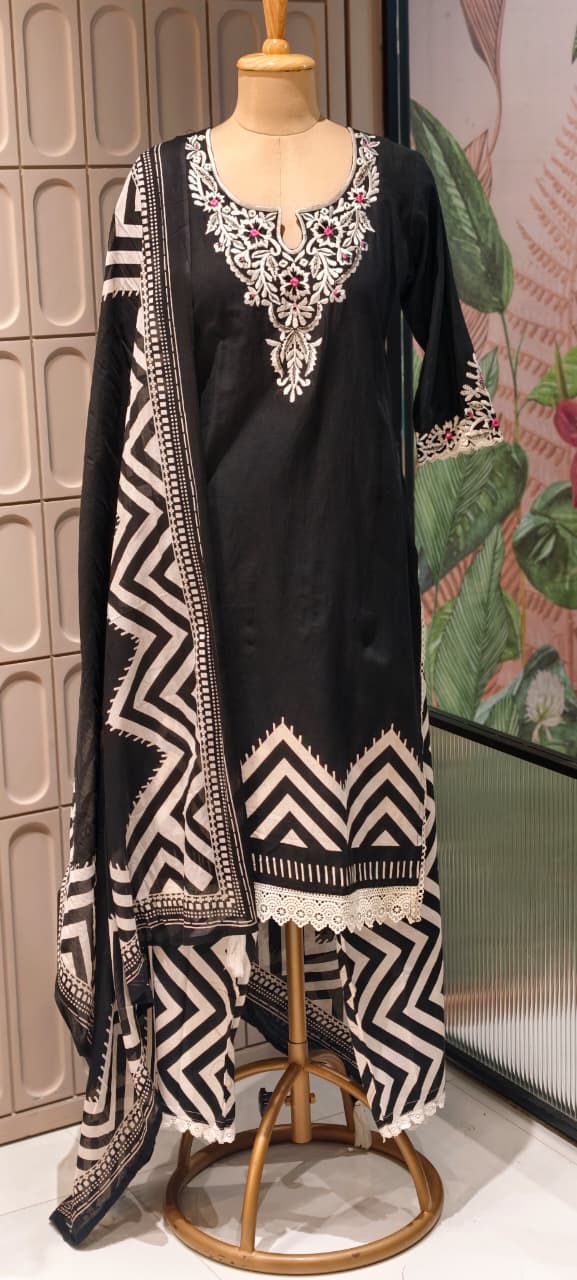 Fine Floral Embroidery Yoke With Striped Accent Cotton Full Suit Set With Dupatta- 14598