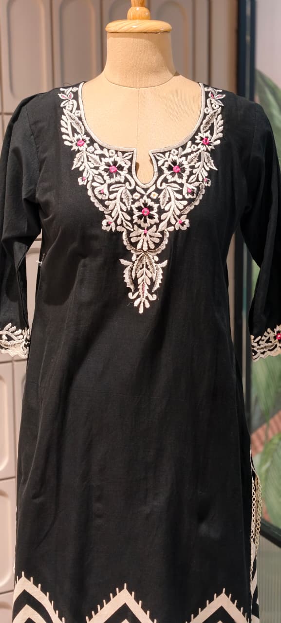Fine Floral Embroidery Yoke With Striped Accent Cotton Full Suit Set With Dupatta- 14598