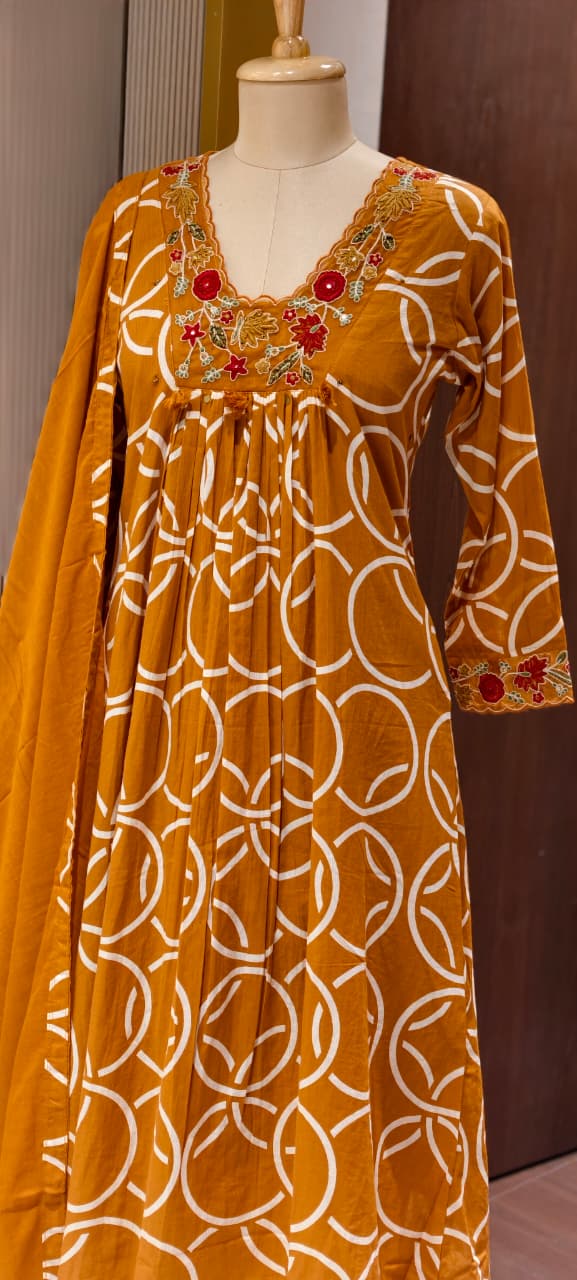 Premium Geometric Print Cotton Gathered A-Line Full Suit Set with Floral Embroidered Neckline & Dupatta (Dispatching From Monday)