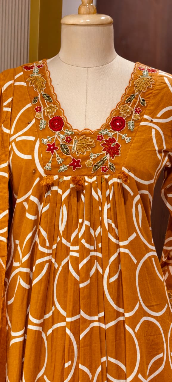 Premium Geometric Print Cotton Gathered A-Line Full Suit Set with Floral Embroidered Neckline & Dupatta (Dispatching From Monday)