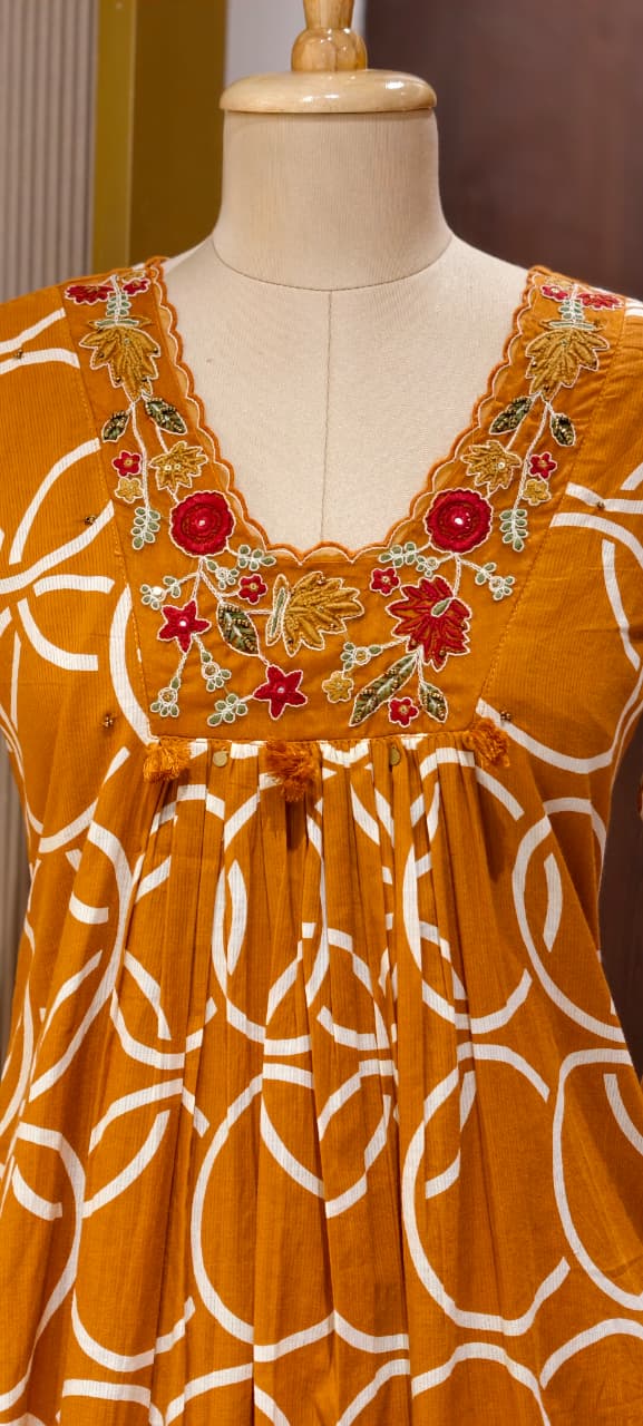 Premium Geometric Print Cotton Gathered A-Line Full Suit Set with Floral Embroidered Neckline & Dupatta (Dispatching From Monday)