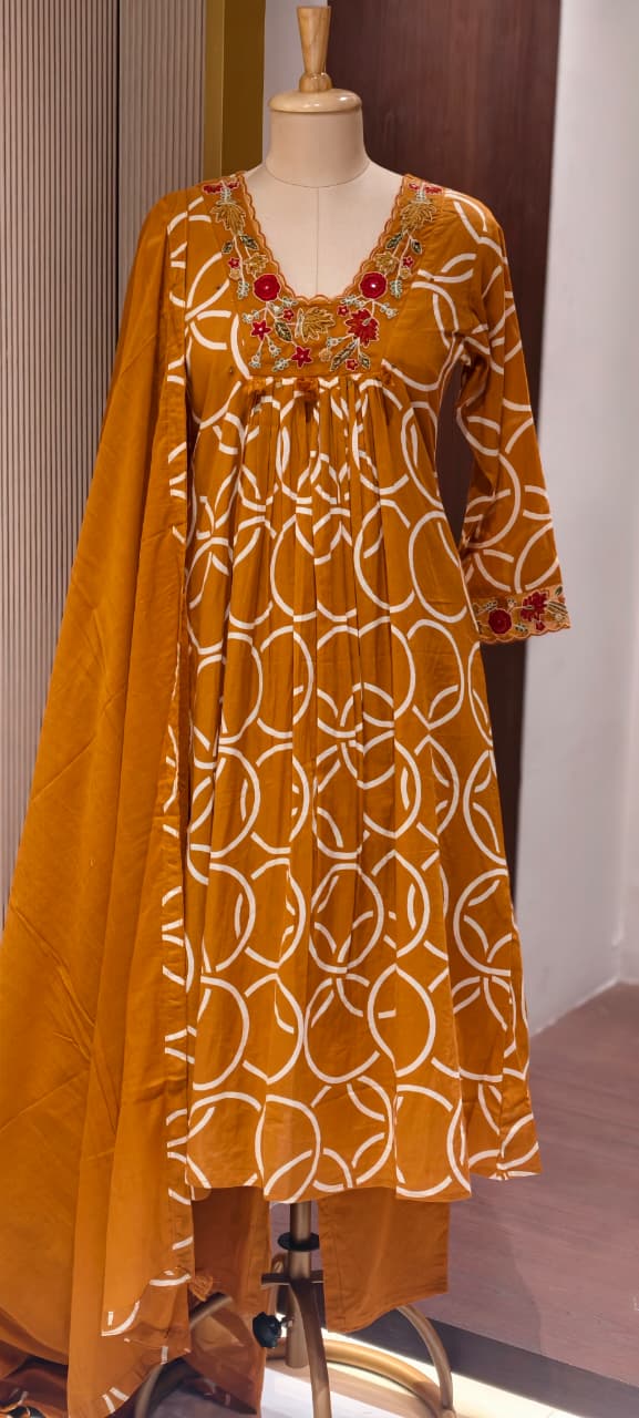 Premium Geometric Print Cotton Gathered A-Line Full Suit Set with Floral Embroidered Neckline & Dupatta (Dispatching From Monday)