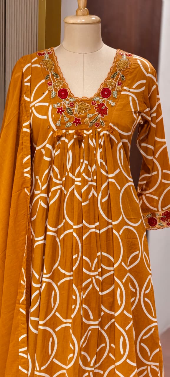 Premium Geometric Print Cotton Gathered A-Line Full Suit Set with Floral Embroidered Neckline & Dupatta (Dispatching From Monday)