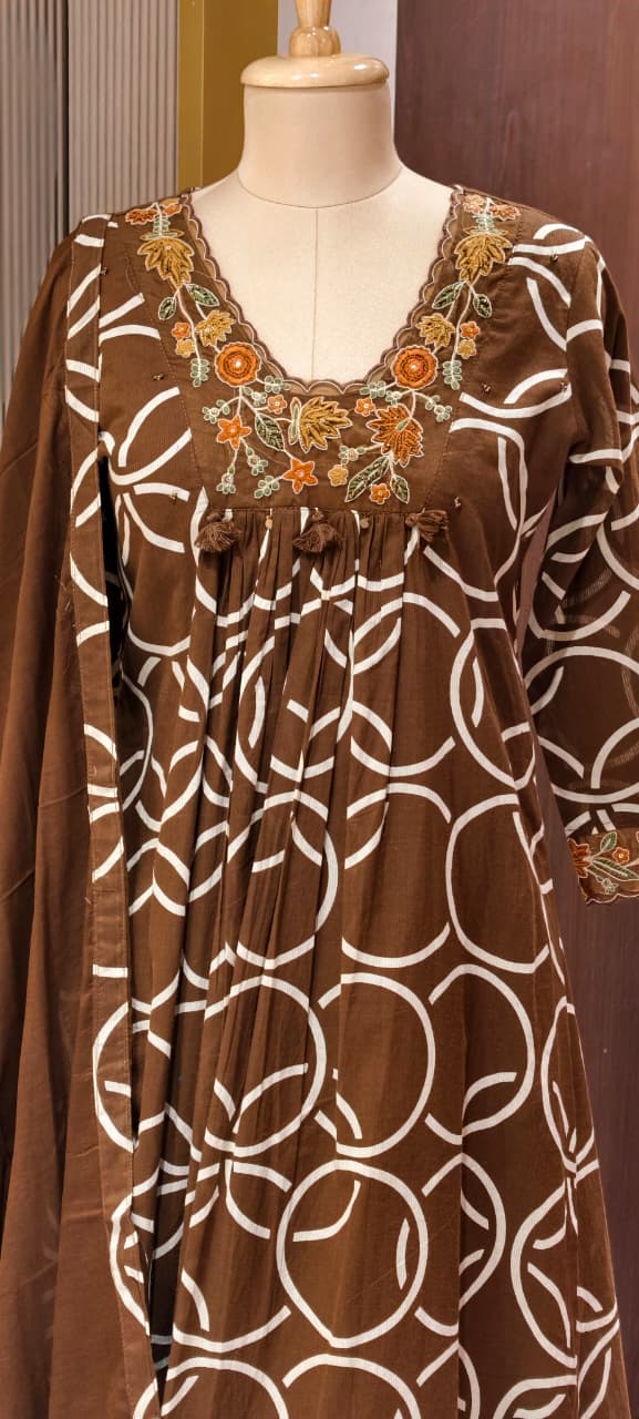 Premium Geometric Print Cotton Gathered A-Line Full Suit Set with Floral Embroidered Neckline & Dupatta (Dispatching From Monday)