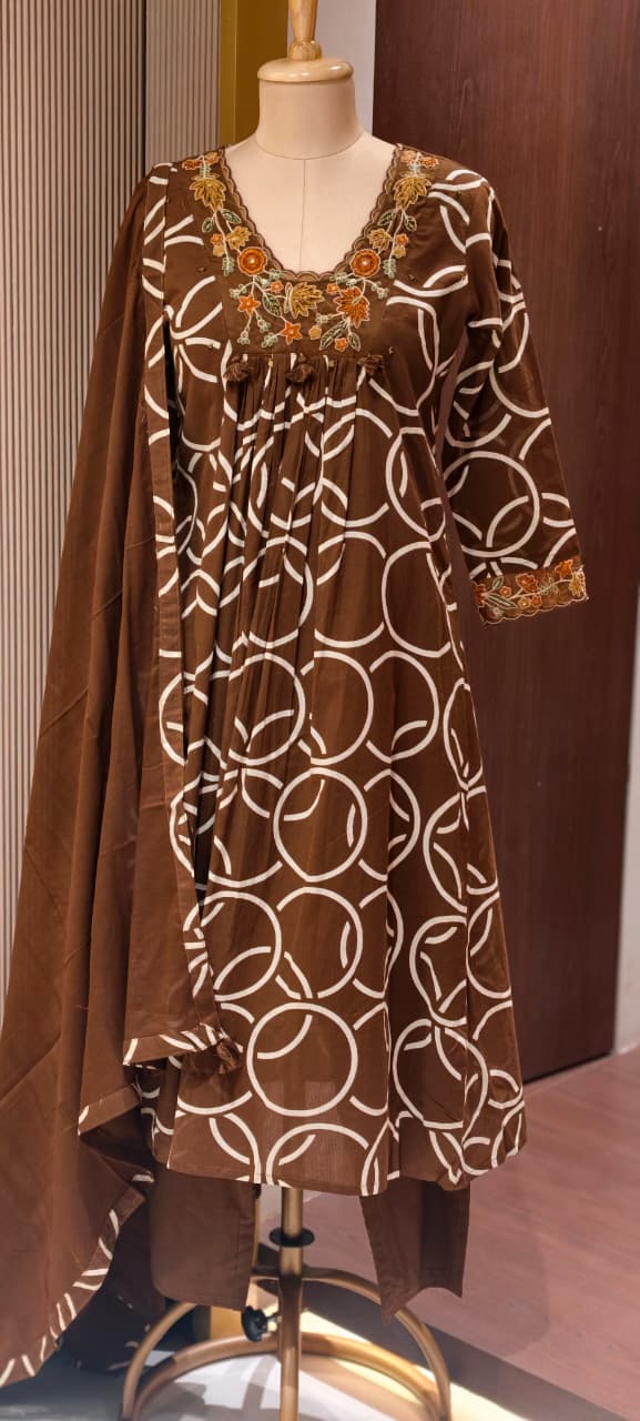 Premium Geometric Print Cotton Gathered A-Line Full Suit Set with Floral Embroidered Neckline & Dupatta (Dispatching From Monday)