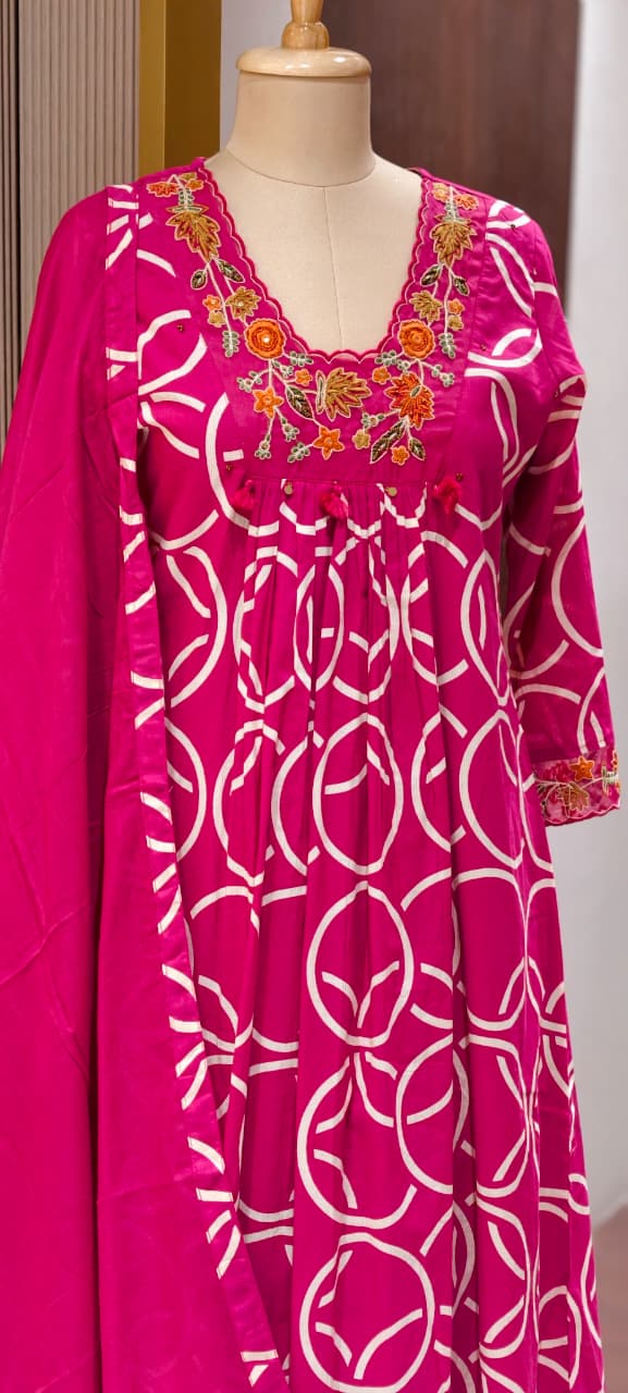 Premium Geometric Print Cotton Gathered A-Line Full Suit Set with Floral Embroidered Neckline & Dupatta (Dispatching From Monday)