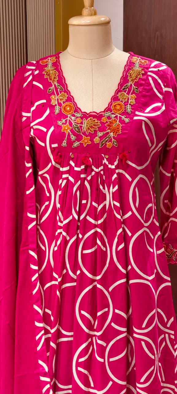 Premium Geometric Print Cotton Gathered A-Line Full Suit Set with Floral Embroidered Neckline & Dupatta (Dispatching From Monday)