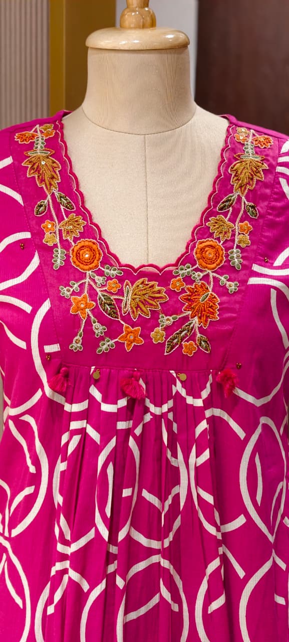 Premium Geometric Print Cotton Gathered A-Line Full Suit Set with Floral Embroidered Neckline & Dupatta (Dispatching From Monday)