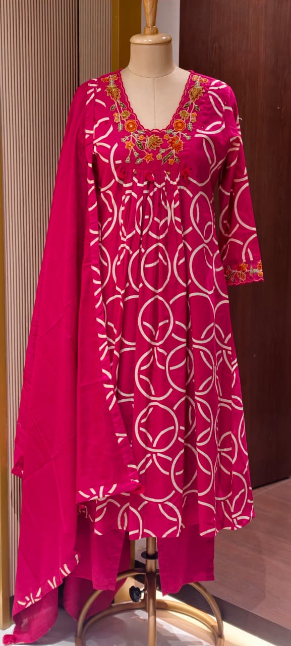 Premium Geometric Print Cotton Gathered A-Line Full Suit Set with Floral Embroidered Neckline & Dupatta (Dispatching From Monday)