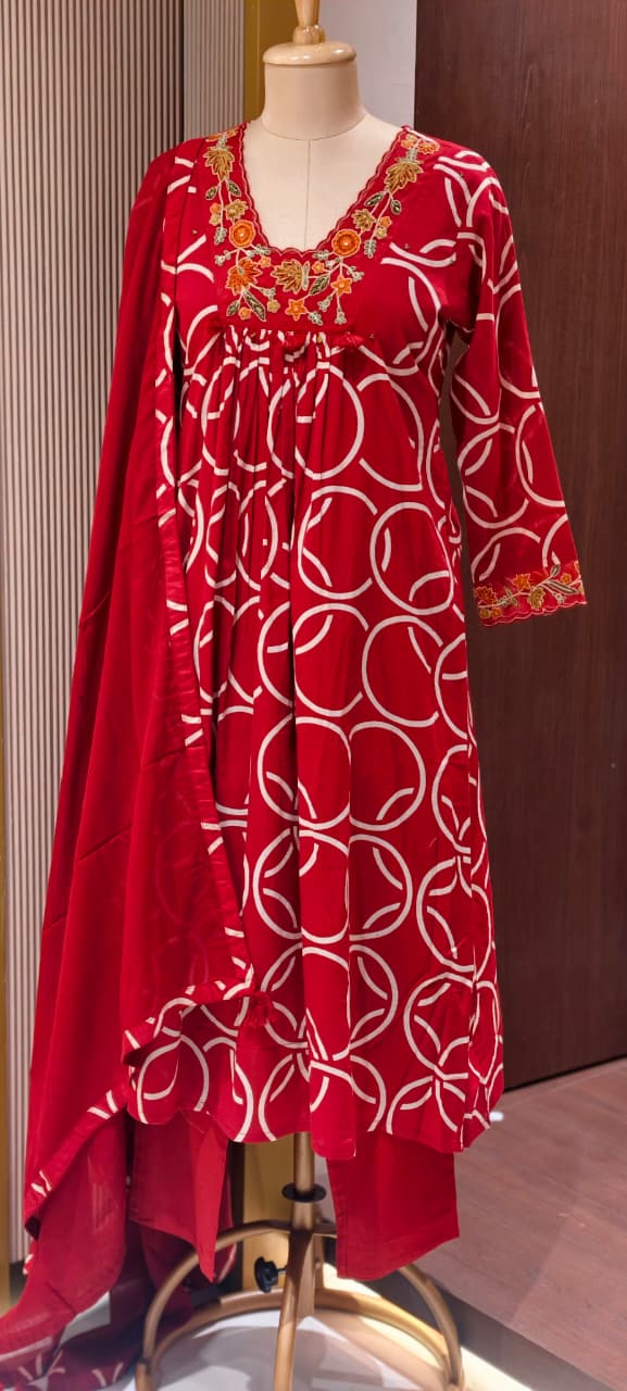 Premium Geometric Print Cotton Gathered A-Line Full Suit Set with Floral Embroidered Neckline & Dupatta (Dispatching From Monday)