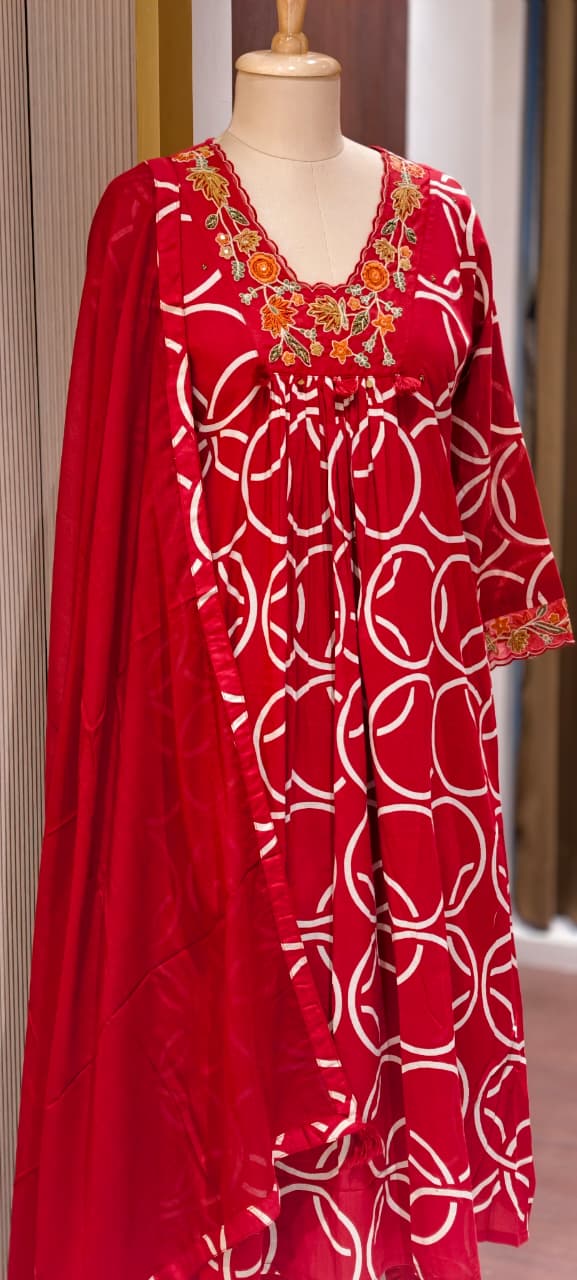 Premium Geometric Print Cotton Gathered A-Line Full Suit Set with Floral Embroidered Neckline & Dupatta (Dispatching From Monday)