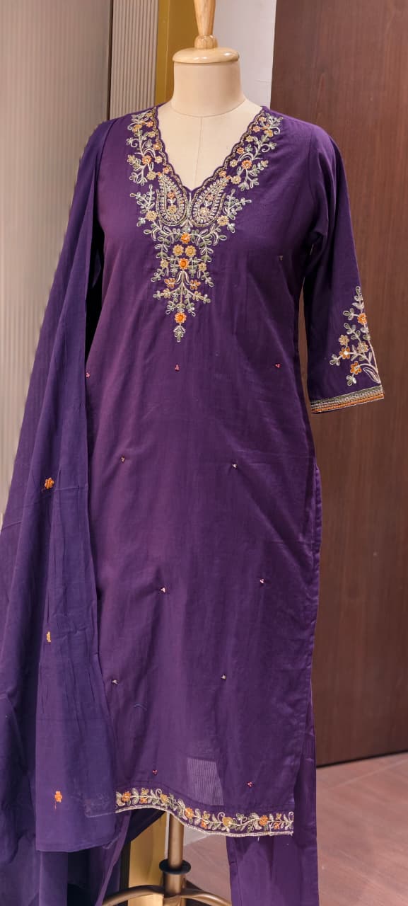 Classic Cotton Straight Full Suit Set with Intricate Kashmiri Paisley Embroidery & Dupatta- 14895 (Dispatching From Monday)