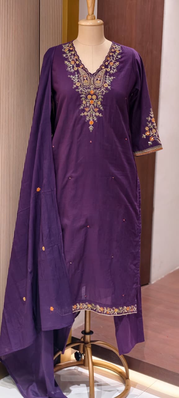 Classic Cotton Straight Full Suit Set with Intricate Kashmiri Paisley Embroidery & Dupatta- 14895 (Dispatching From Monday)