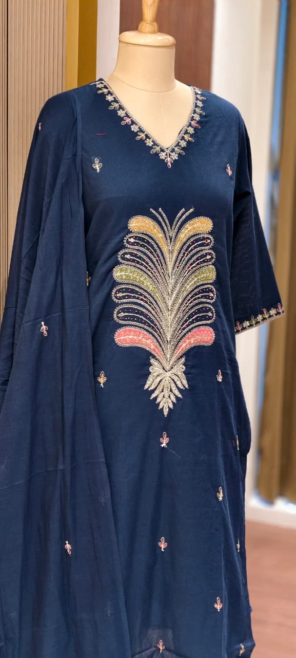 Premium Cotton Straight Full Suit Set with Statement Tree-of-Life Embroidery & Tassel Dupatta- 14895 (Dispatching From Monday)