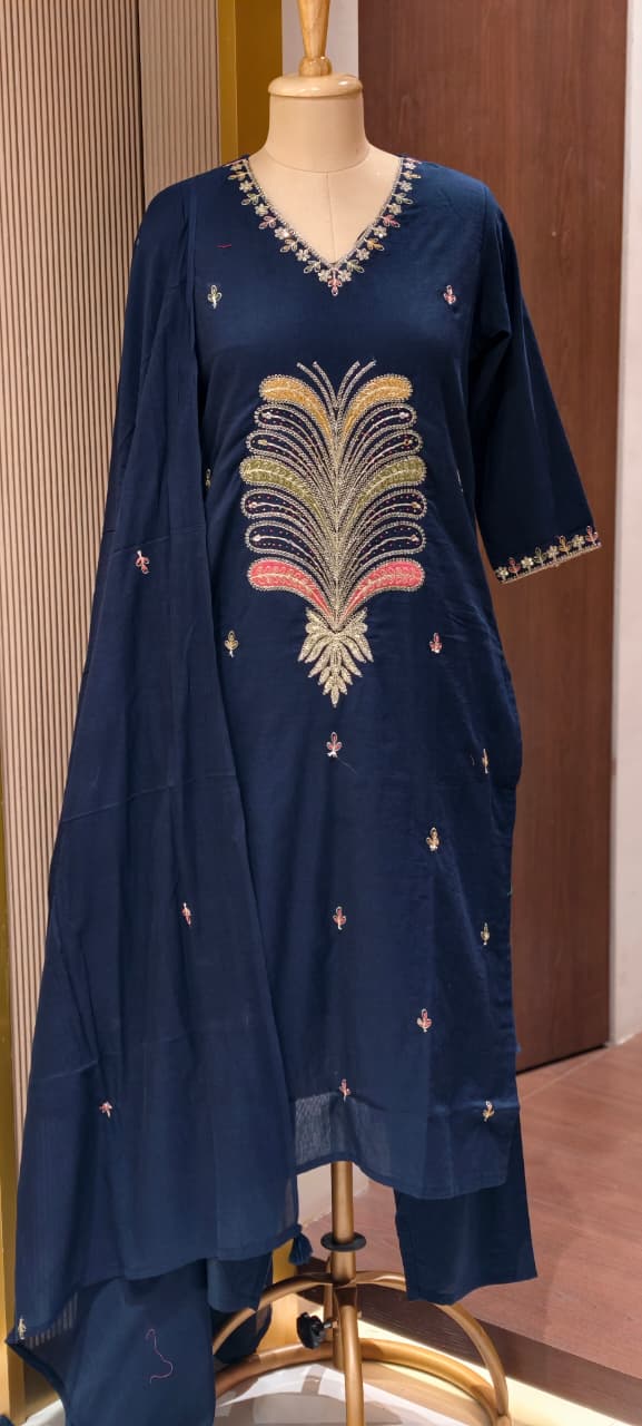 Premium Cotton Straight Full Suit Set with Statement Tree-of-Life Embroidery & Tassel Dupatta- 14895 (Dispatching From Monday)