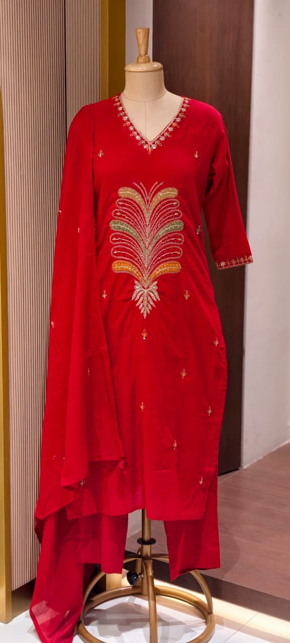 Premium Cotton Straight Full Suit Set with Statement Tree-of-Life Embroidery & Tassel Dupatta- 14895 (Dispatching From Monday)