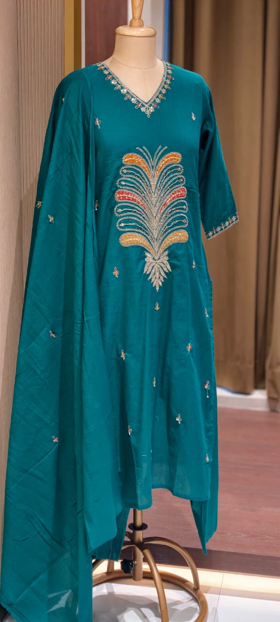 Premium Cotton Straight Full Suit Set with Statement Tree-of-Life Embroidery & Tassel Dupatta- 14895 (Dispatching From Monday)