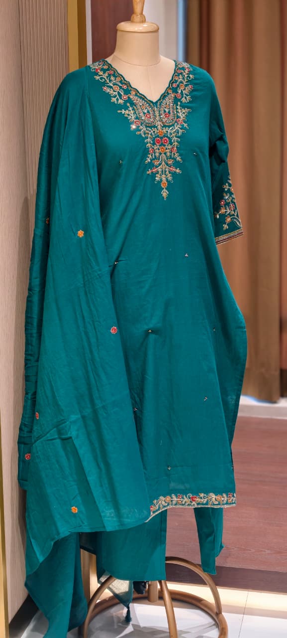 Classic Cotton Straight Full Suit Set with Intricate Kashmiri Paisley Embroidery & Dupatta- 14895 (Dispatching From Monday)