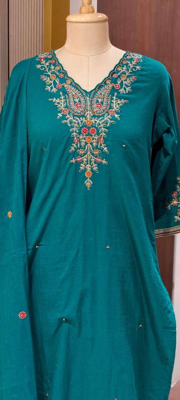 Classic Cotton Straight Full Suit Set with Intricate Kashmiri Paisley Embroidery & Dupatta- 14895 (Dispatching From Monday)