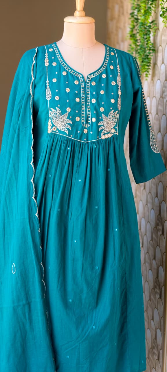 Sili Cotton A-Line Full Suit Set with Foil Mirror Embroidery Yoke & Scalloped Dupatta- 14895 (Dispatching From Monday)