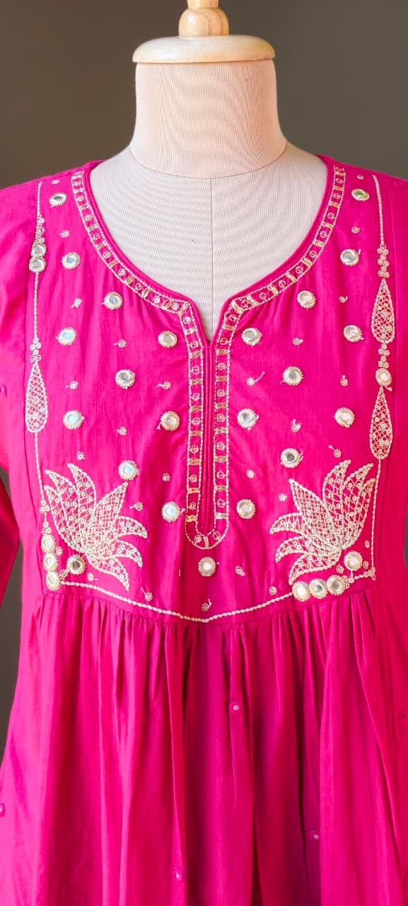 Sili Cotton A-Line Full Suit Set with Foil Mirror Embroidery Yoke & Scalloped Dupatta- 14895 (Dispatching From Monday)
