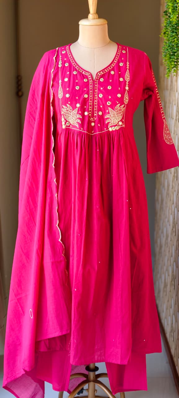 Sili Cotton A-Line Full Suit Set with Foil Mirror Embroidery Yoke & Scalloped Dupatta- 14895 (Dispatching From Monday)