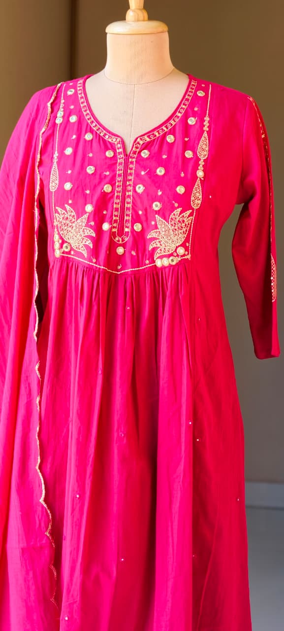 Sili Cotton A-Line Full Suit Set with Foil Mirror Embroidery Yoke & Scalloped Dupatta- 14895 (Dispatching From Monday)