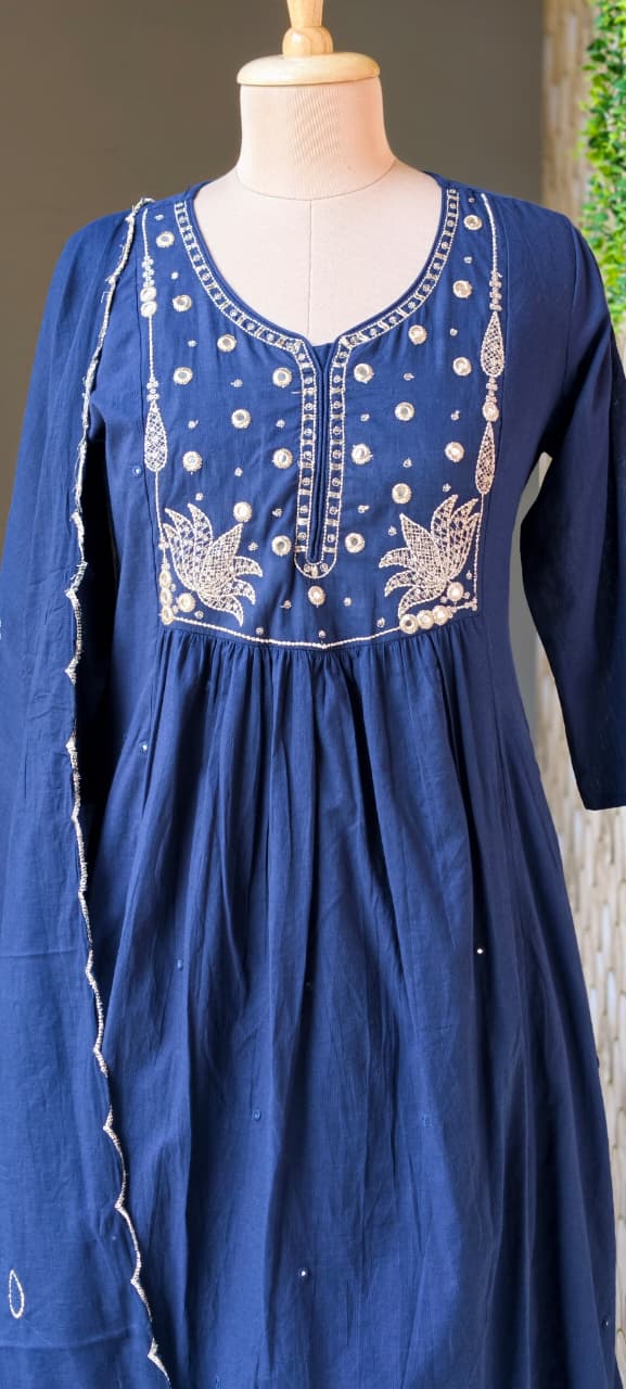 Sili Cotton A-Line Full Suit Set with Foil Mirror Embroidery Yoke & Scalloped Dupatta- 14895 (Dispatching From Monday)