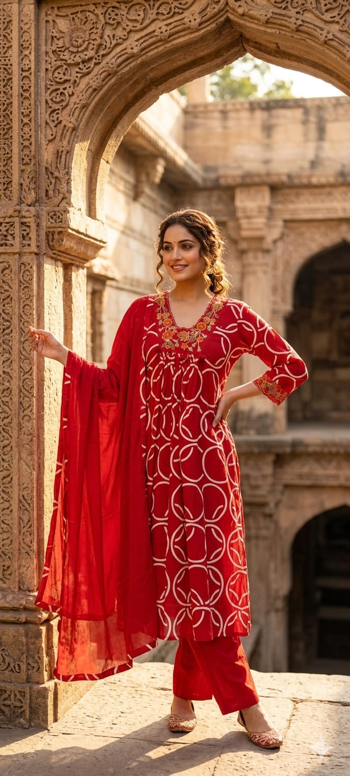 Premium Geometric Print Cotton Gathered A-Line Full Suit Set with Floral Embroidered Neckline & Dupatta (Dispatching From Monday)