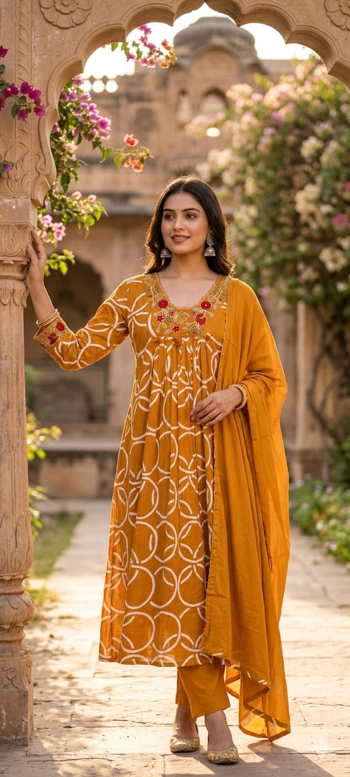 Premium Geometric Print Cotton Gathered A-Line Full Suit Set with Floral Embroidered Neckline & Dupatta (Dispatching From Monday)