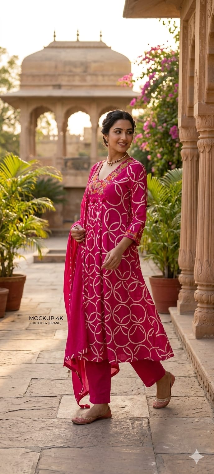 Premium Geometric Print Cotton Gathered A-Line Full Suit Set with Floral Embroidered Neckline & Dupatta (Dispatching From Monday)