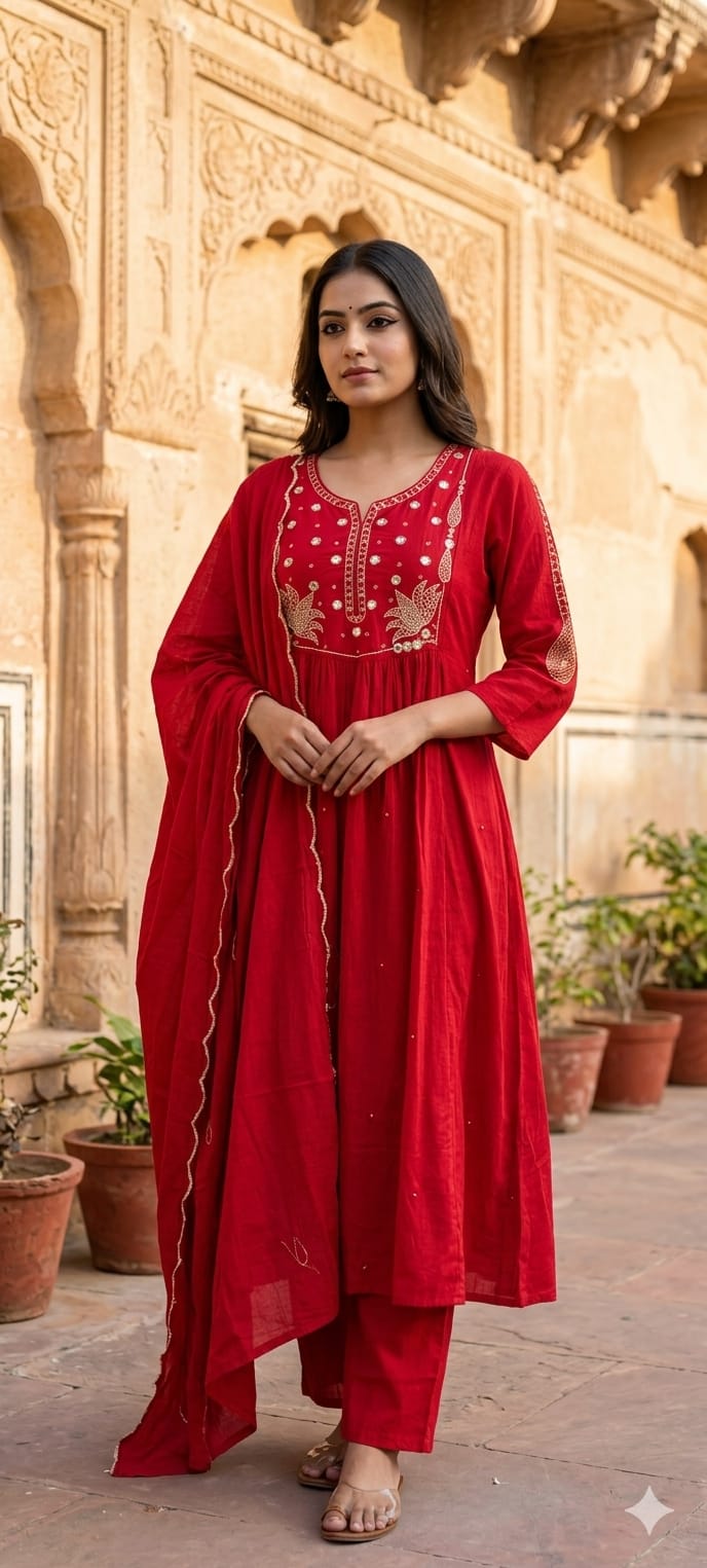 Sili Cotton A-Line Full Suit Set with Foil Mirror Embroidery Yoke & Scalloped Dupatta- 14895 (Dispatching From Monday)