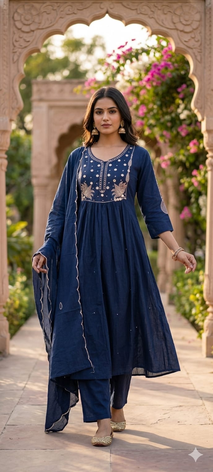 Sili Cotton A-Line Full Suit Set with Foil Mirror Embroidery Yoke & Scalloped Dupatta- 14895 (Dispatching From Monday)