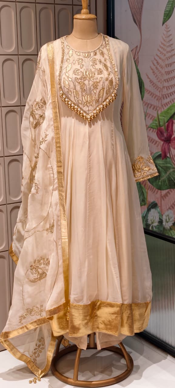 Premium Chanderi Silk Panel Anarkali Suit Set with Zardozi Lotus Embroidery & Pearl Detailing- 14842