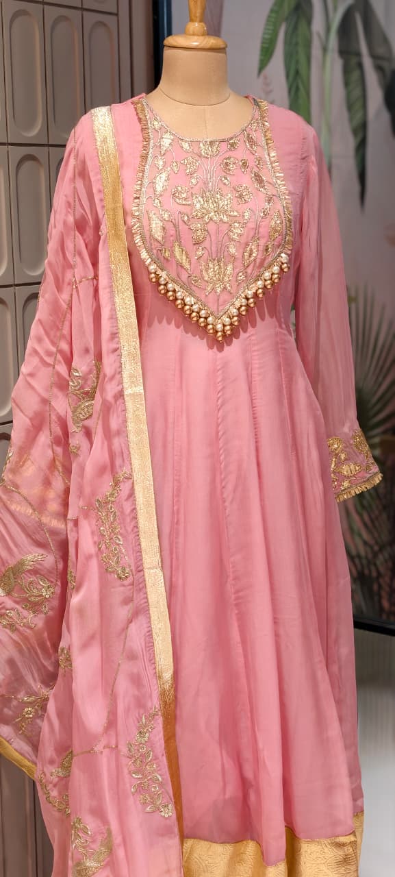Premium Chanderi Silk Panel Anarkali Suit Set with Zardozi Lotus Embroidery & Pearl Detailing- 14842