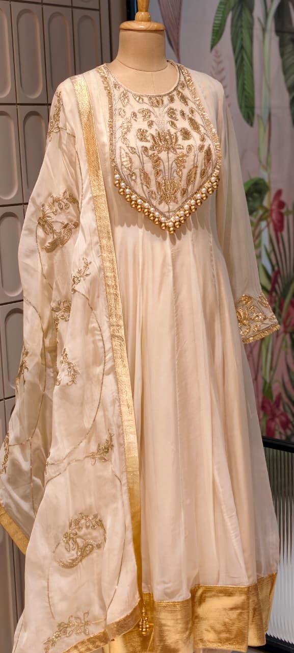Premium Chanderi Silk Panel Anarkali Suit Set with Zardozi Lotus Embroidery & Pearl Detailing- 14842