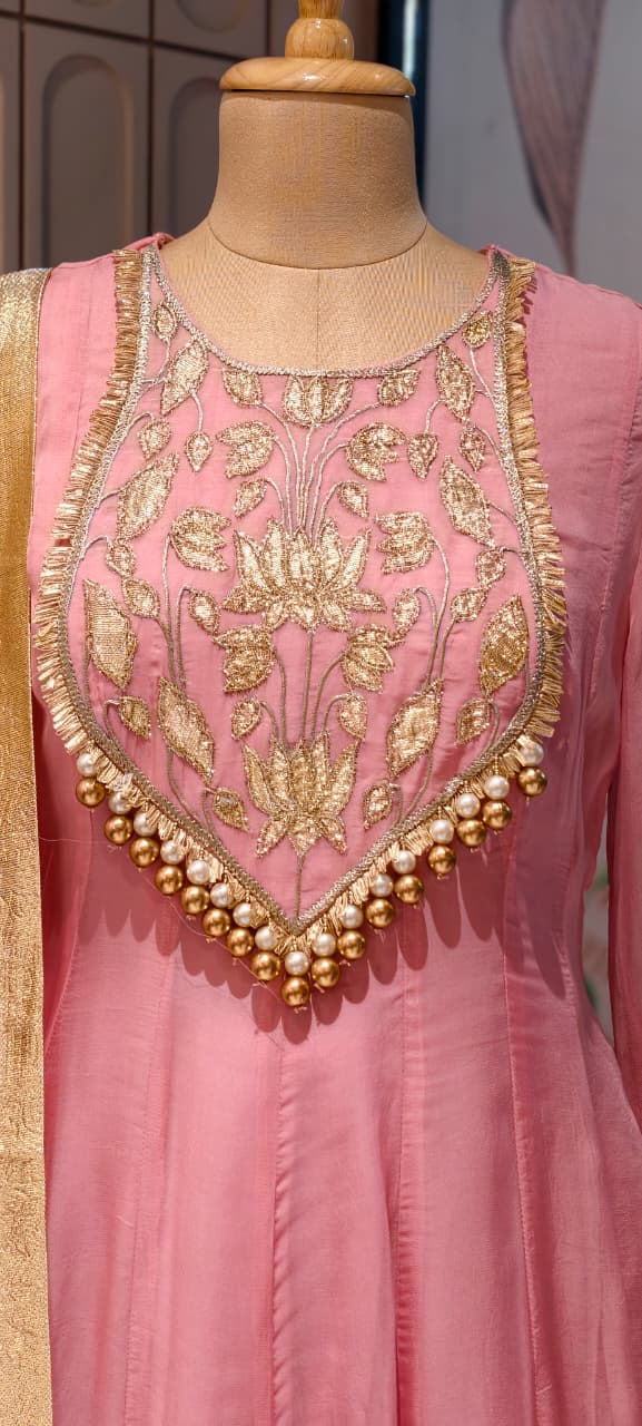 Premium Chanderi Silk Panel Anarkali Suit Set with Zardozi Lotus Embroidery & Pearl Detailing- 14842