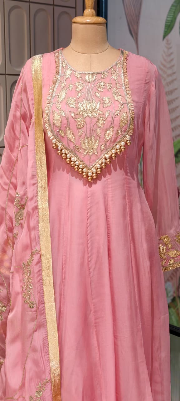 Premium Chanderi Silk Panel Anarkali Suit Set with Zardozi Lotus Embroidery & Pearl Detailing- 14842