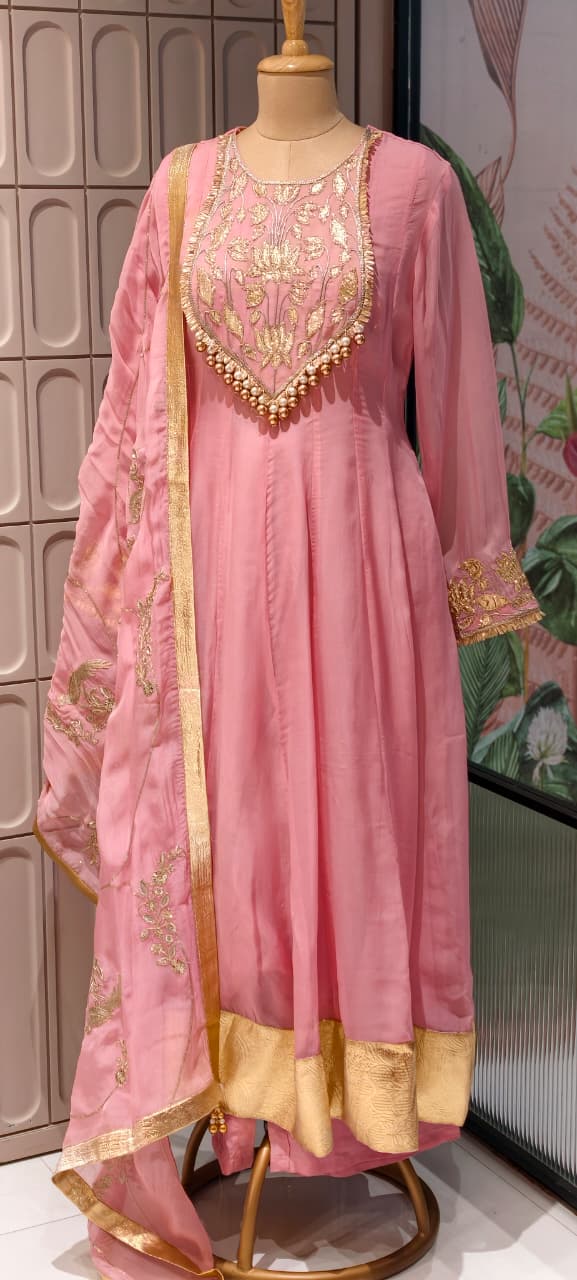 Premium Chanderi Silk Panel Anarkali Suit Set with Zardozi Lotus Embroidery & Pearl Detailing- 14842