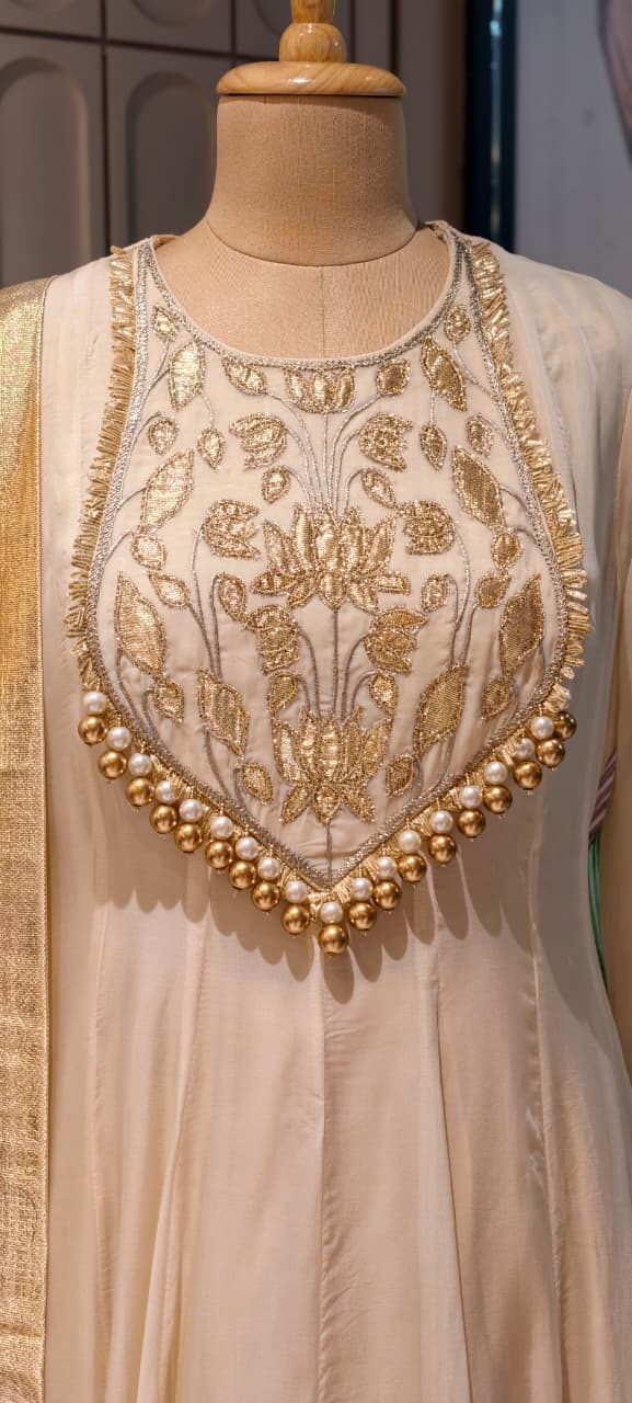 Premium Chanderi Silk Panel Anarkali Suit Set with Zardozi Lotus Embroidery & Pearl Detailing- 14842