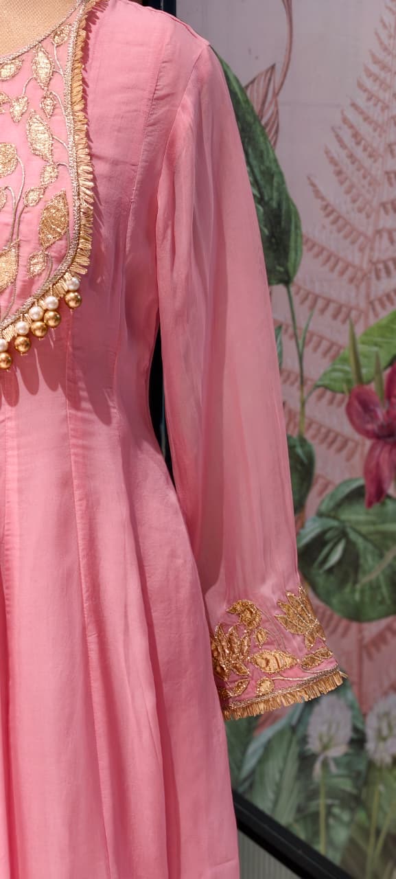 Premium Chanderi Silk Panel Anarkali Suit Set with Zardozi Lotus Embroidery & Pearl Detailing- 14842