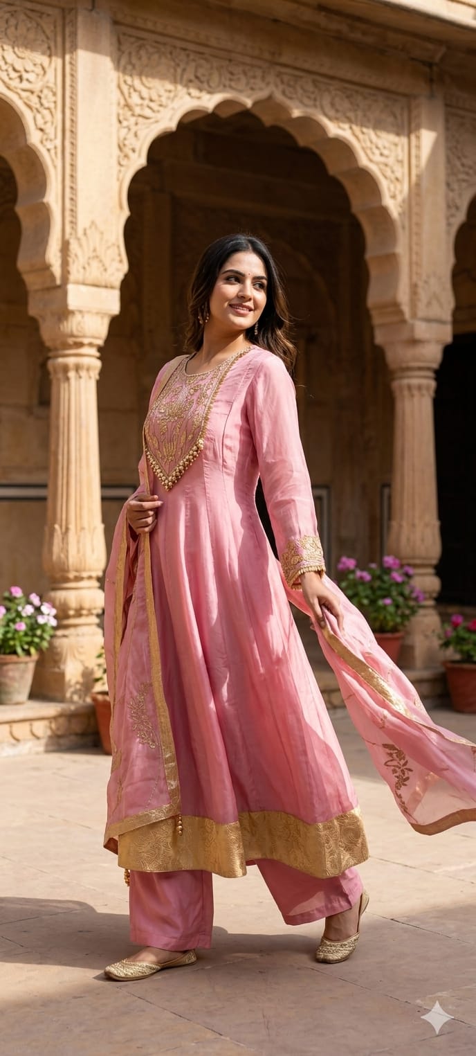 Premium Chanderi Silk Panel Anarkali Suit Set with Zardozi Lotus Embroidery & Pearl Detailing- 14842