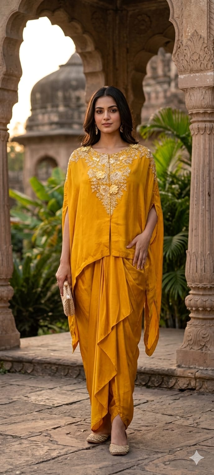 Luxury Chinon Kaftan Top with Draped Dhoti Skirt Set – Festive Indo-Western Fusion Wear- 14239